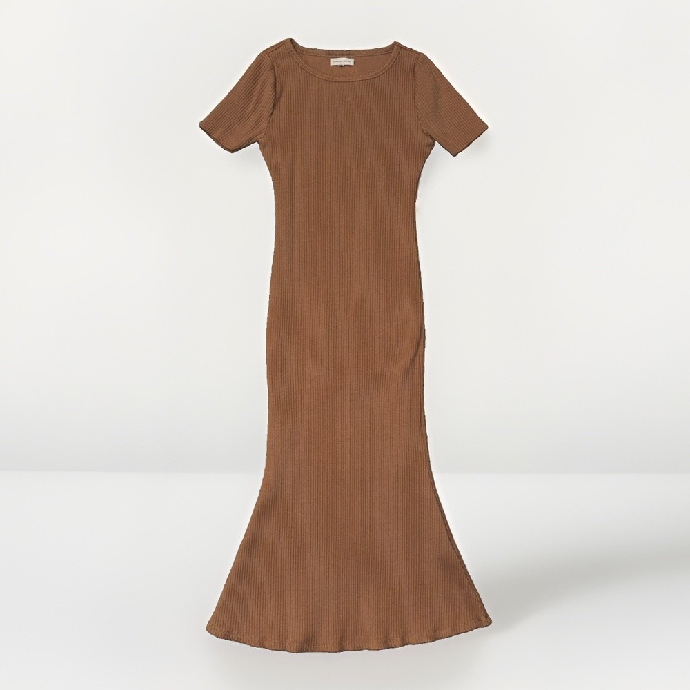 Good American Women Tan Ribbed Knit Bodycon Midi Shift Dress Short Sleeve Size 1